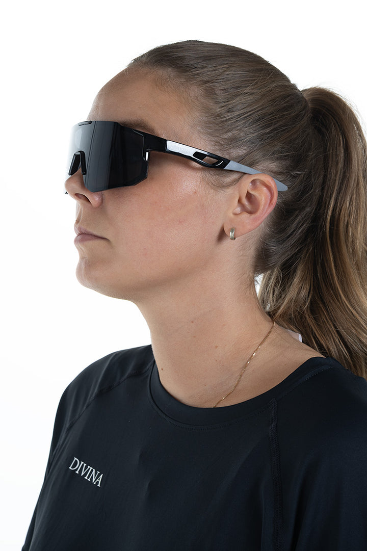 Woman with Black/Grey Sport Sunglasses with Black lens