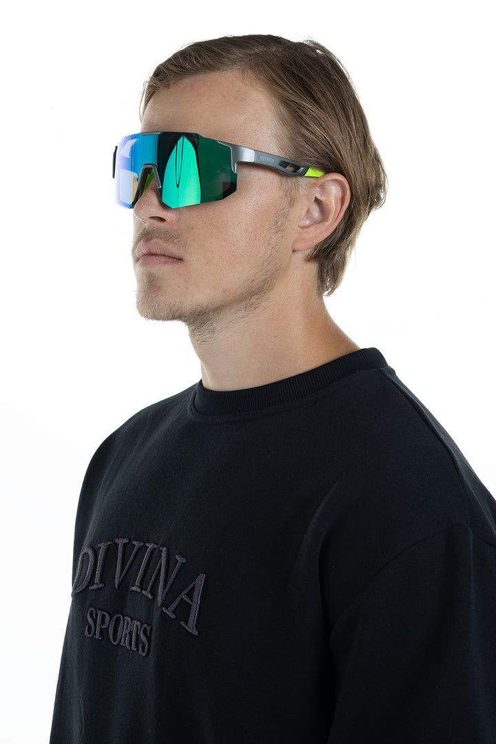 Boy with Grey/Green Sport Sunglasses with Green/Blue lens