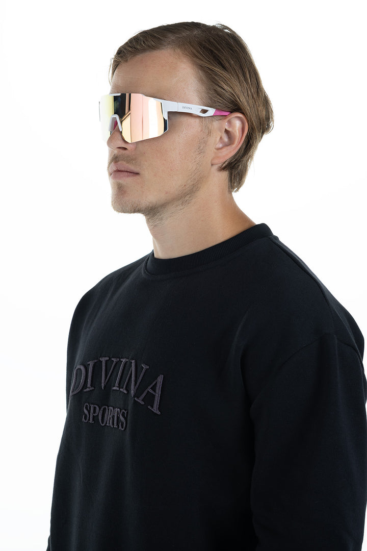 Man with White/Pink Sport Sunglasses with Pink/Gold lens