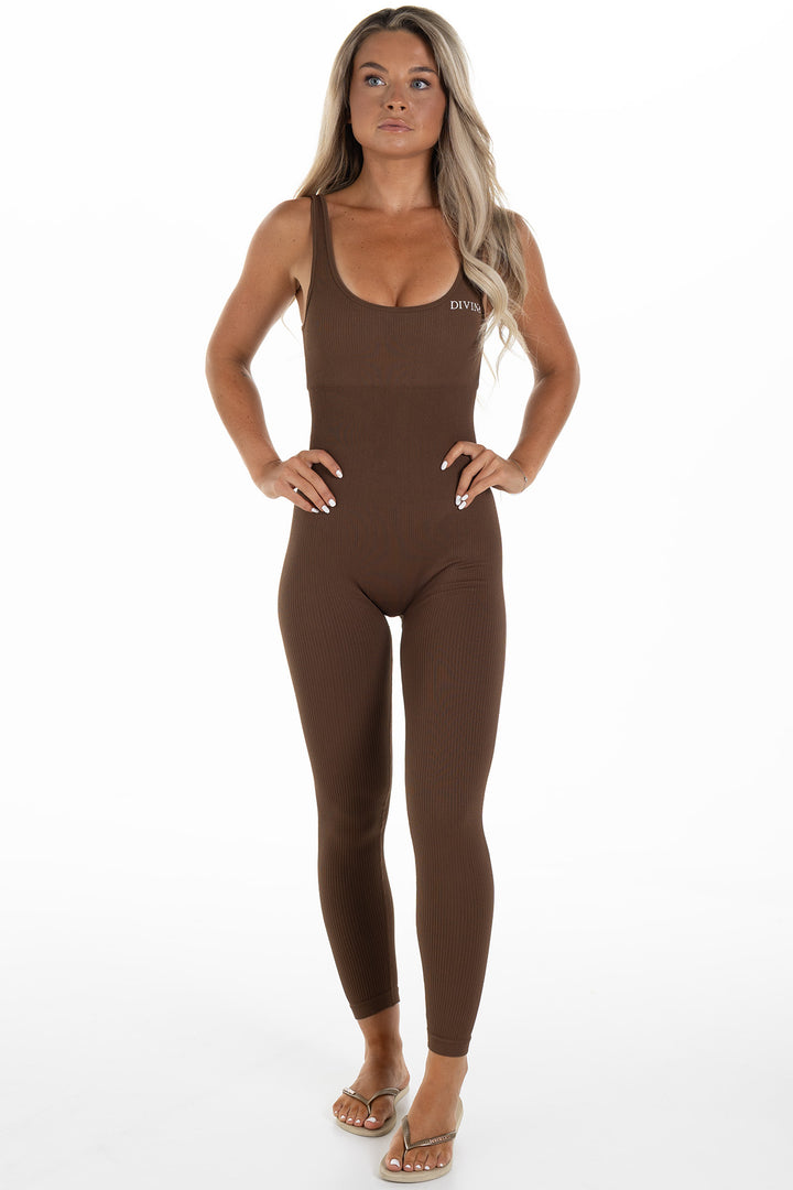 Woman in Brown Ribbed Jumpsuit Front