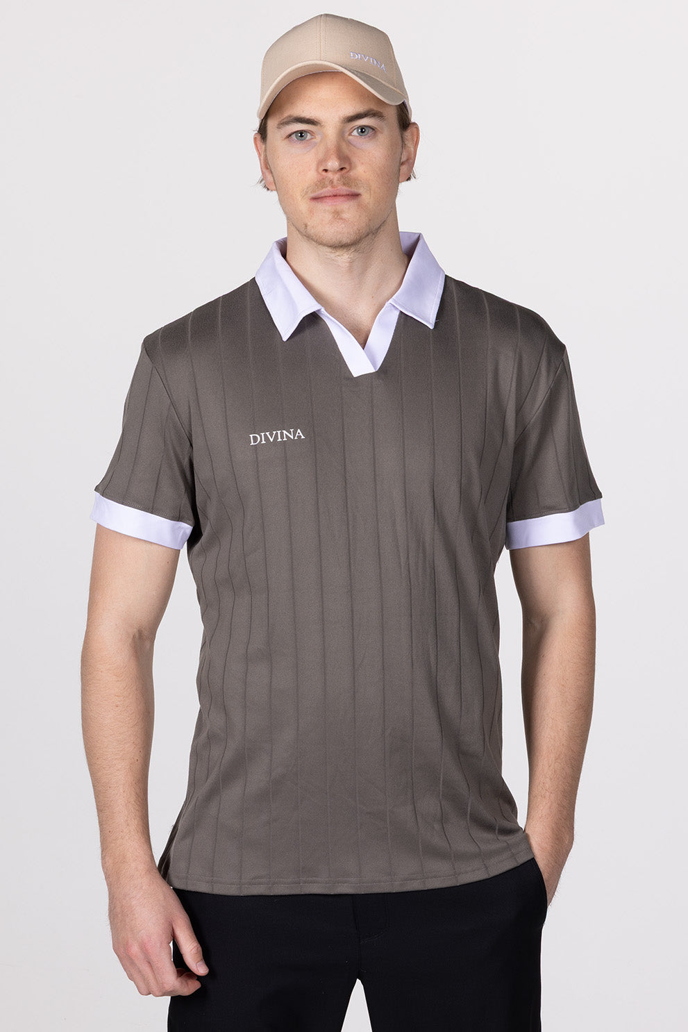 Male in Olive Grey Golf Polo Ace from Divina front