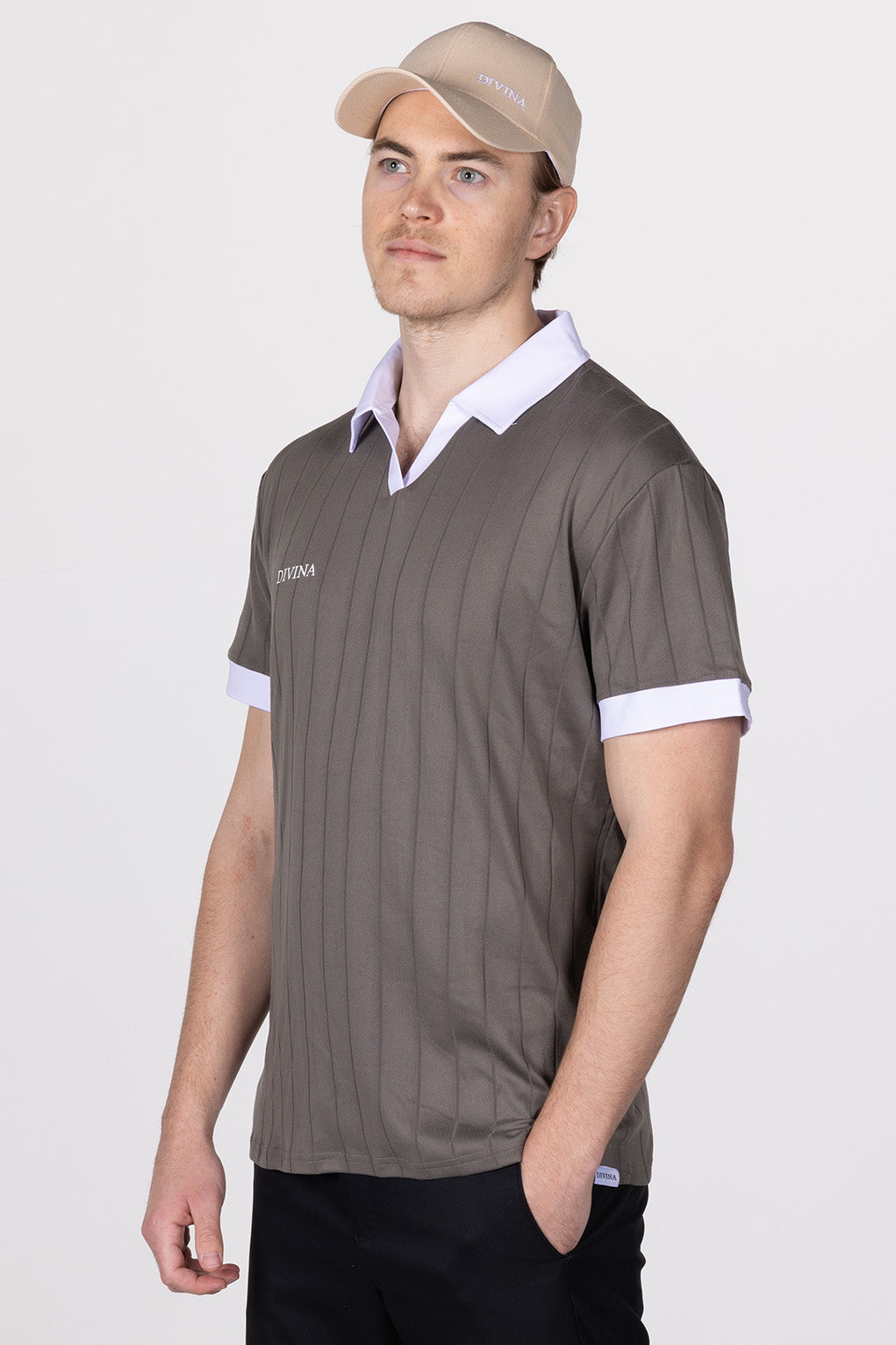 Male in Olive Grey Golf Polo Ace from Divina side