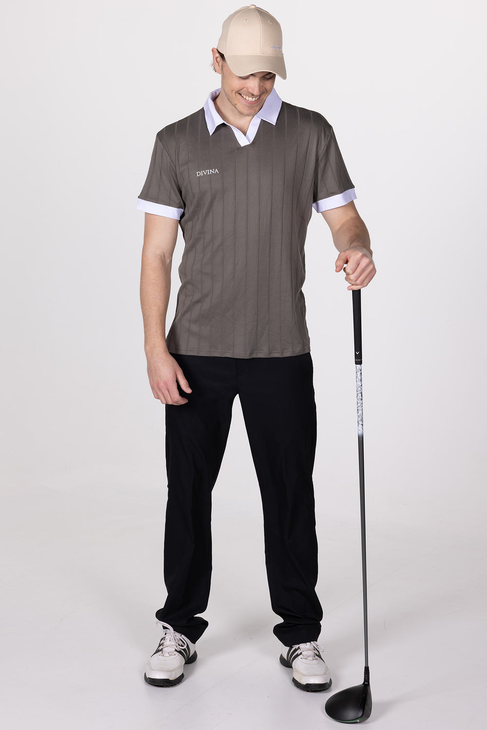 Male in Olive Grey Golf Polo Ace from Divina Whole body with driver in hand