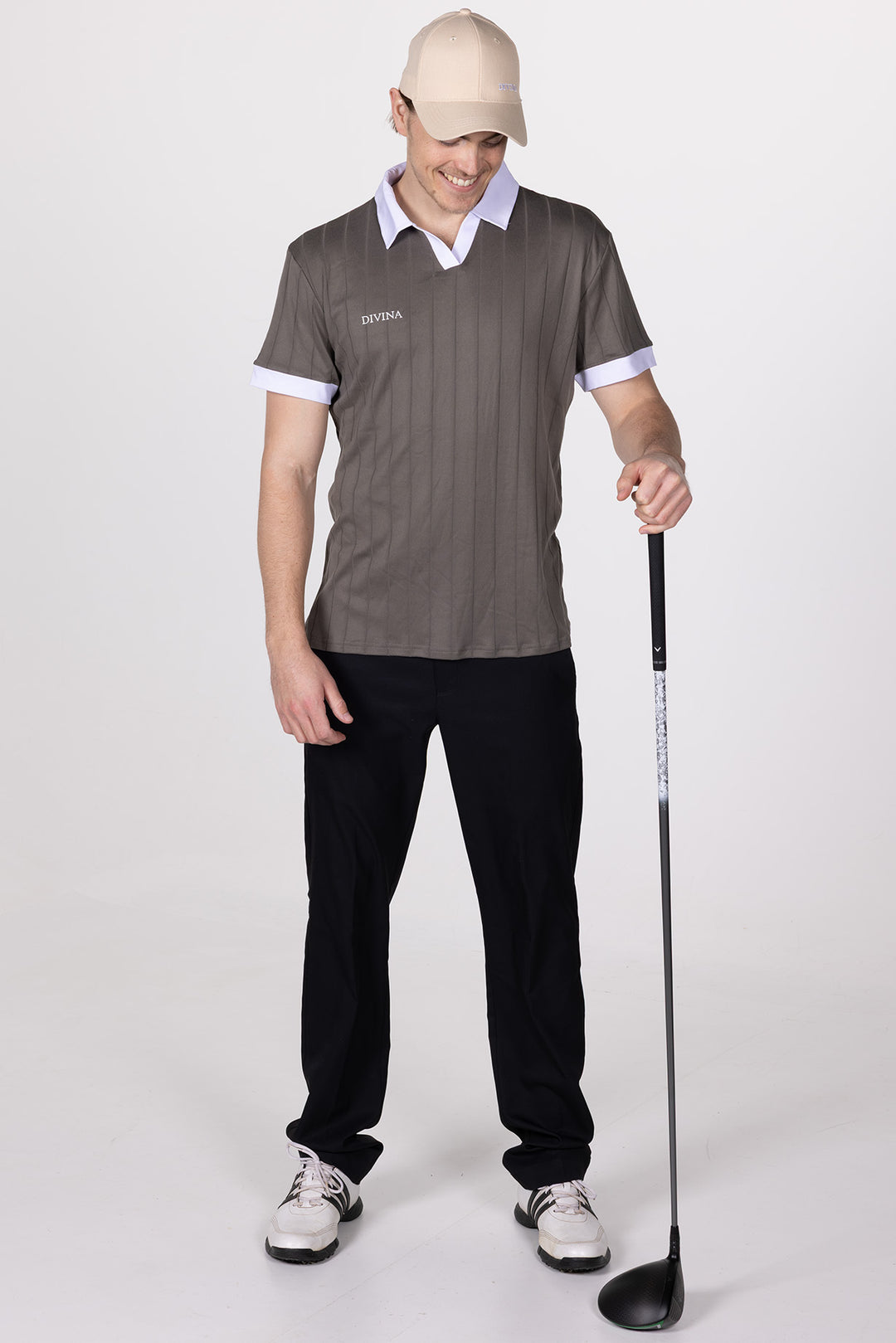 Male in Olive Grey Golf Polo Ace from Divina Whole body with driver in hand