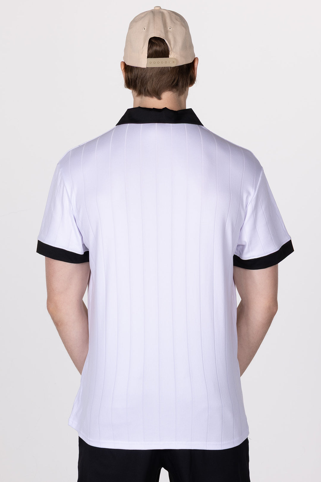 Male in White Golf Polo Ace from Divina back
