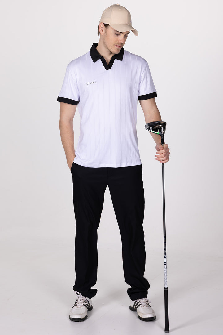 Male in White Golf Polo Ace from Divina Whole body with driver in hand