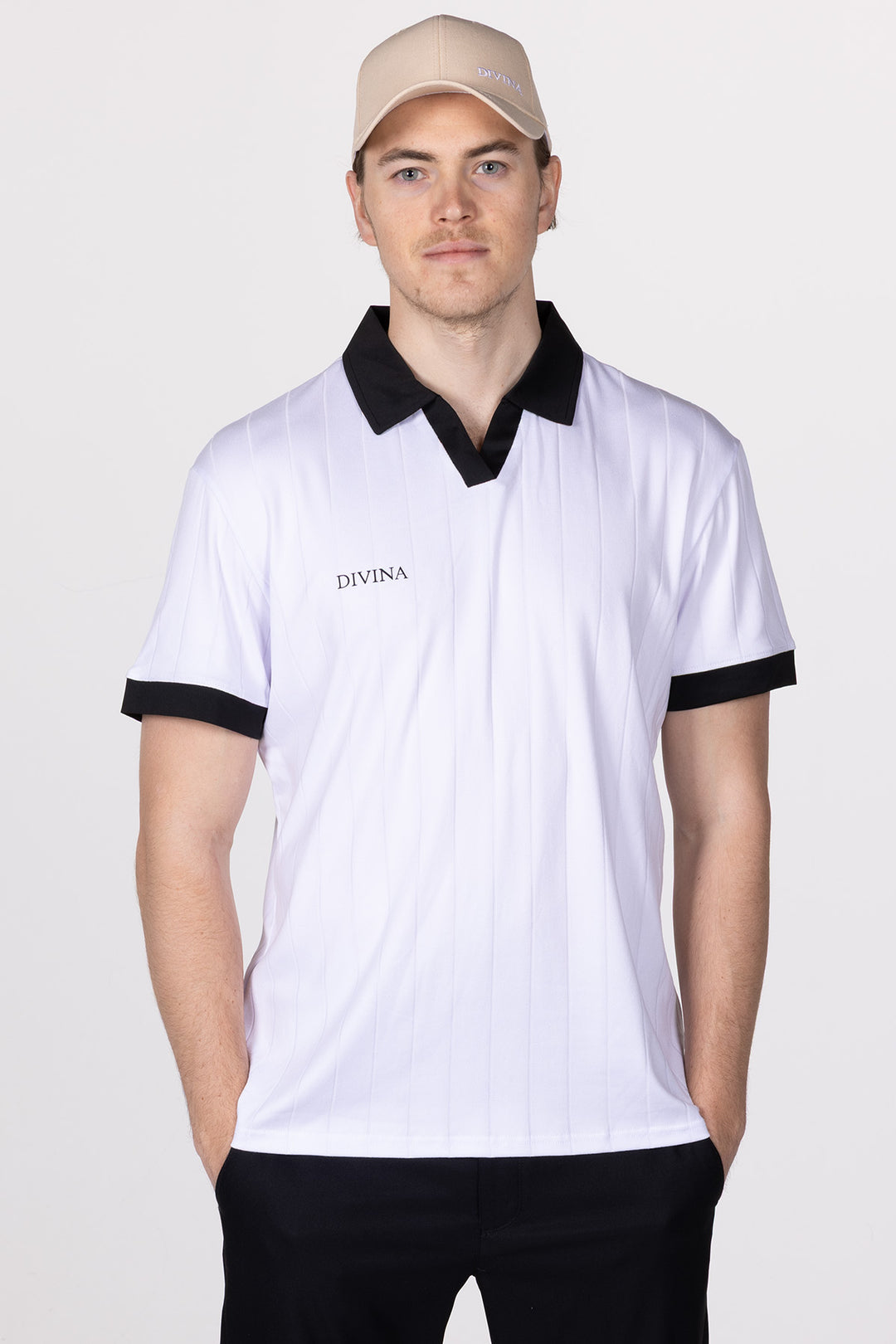 Male in White Golf Polo Ace from Divina front