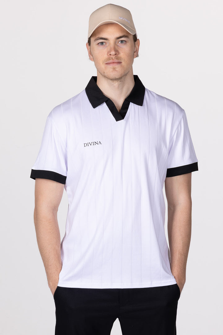 Male in White Golf Polo Ace from Divina front