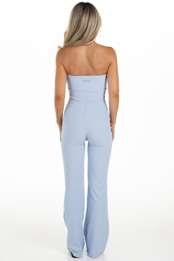 Woman in Blue Ribbed Jumpsuit Palma Back